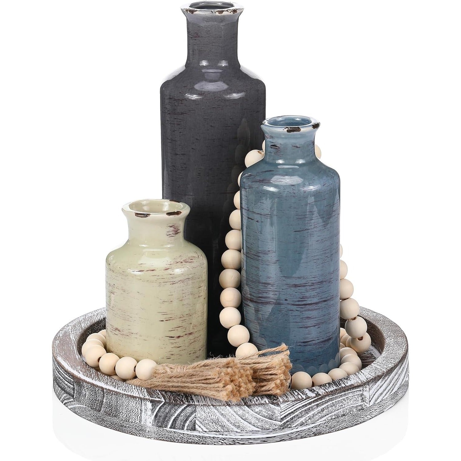 Set of Three Vases, Ceramic Neutral Color Home Decor Vases, Ceramic Rustic Farmhouse Style Decorative Vases for Dining Table Fireplace Entryway Bookshelf Living Room Kitchen Bedroom Modern Decor