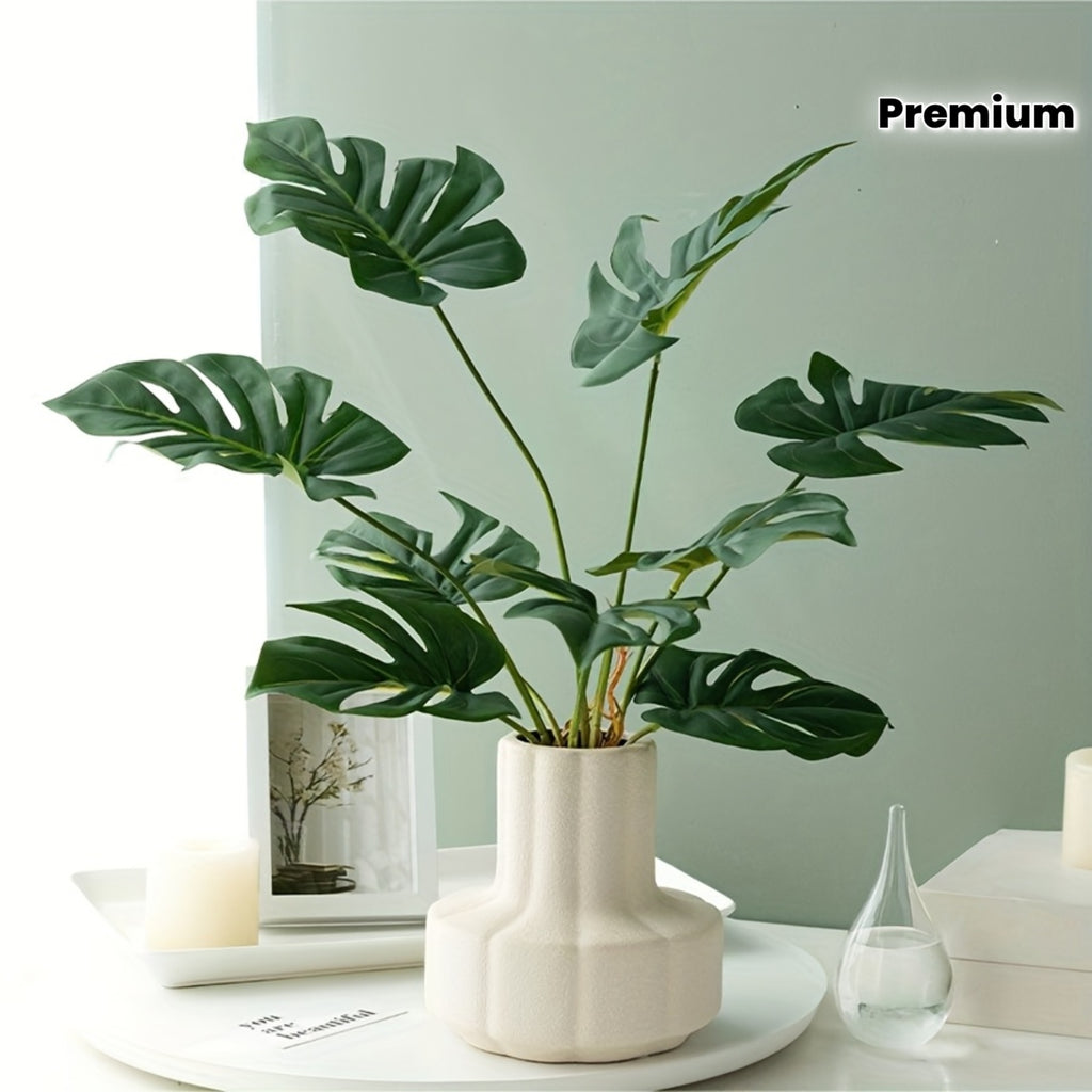 2 Premium Artificial Plastic Green Plants & Vase Set • Realistic Fake Plants for Home, Christmas, Wedding Decoration