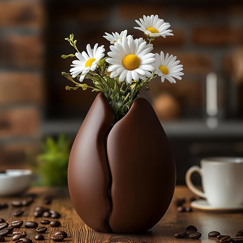 Coffee Bean Vase Coffee Bean Vase, a 3D Printed Plastic Brown Vase with a Coffee Bean Decoration, Suitable for Modern Home and Office Decor