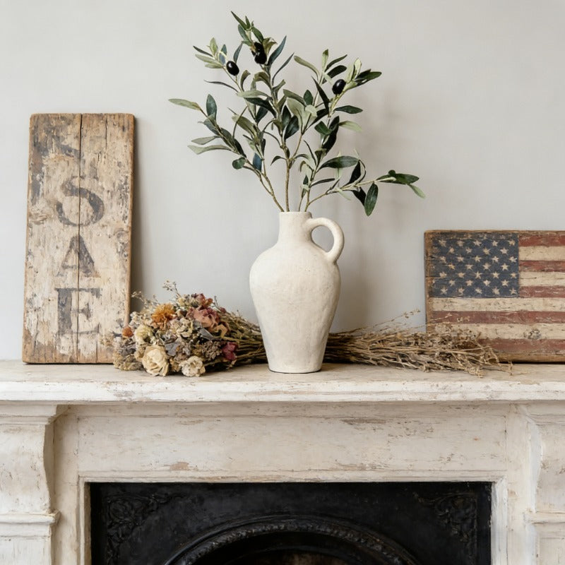 Vintage White Ceramic Jug Vase with Handle - Distressed Country Style Decor, Suitable for Dried Flowers, Olive Branches, Minimalist Centerpiece for Living Room Dining Table, Fireplace, Bookshelf Ornament - Textured Ceramic Pot