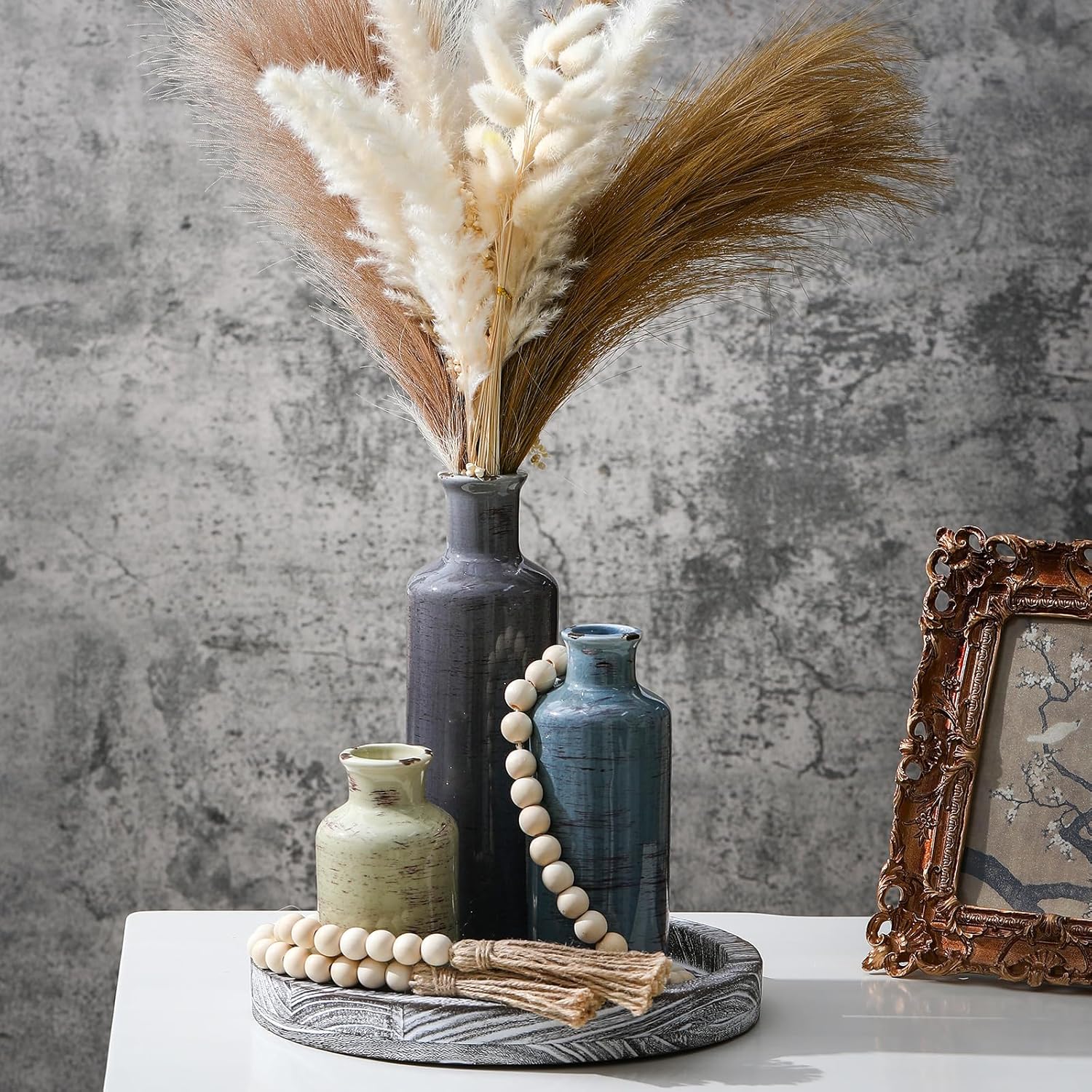 Set of Three Vases, Ceramic Neutral Color Home Decor Vases, Ceramic Rustic Farmhouse Style Decorative Vases for Dining Table Fireplace Entryway Bookshelf Living Room Kitchen Bedroom Modern Decor