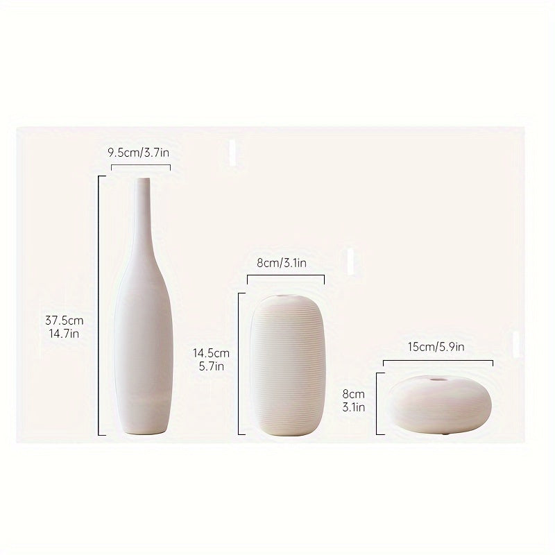 Set of 3 Modern Nordic Ceramic Vases - Minimalist Plain Design, Farmhouse Decor, Living Room Shelf and Mantel Decoration, Dining Coffee Table Centerpiece, Ideal Gift for Home Decor Enthusiasts