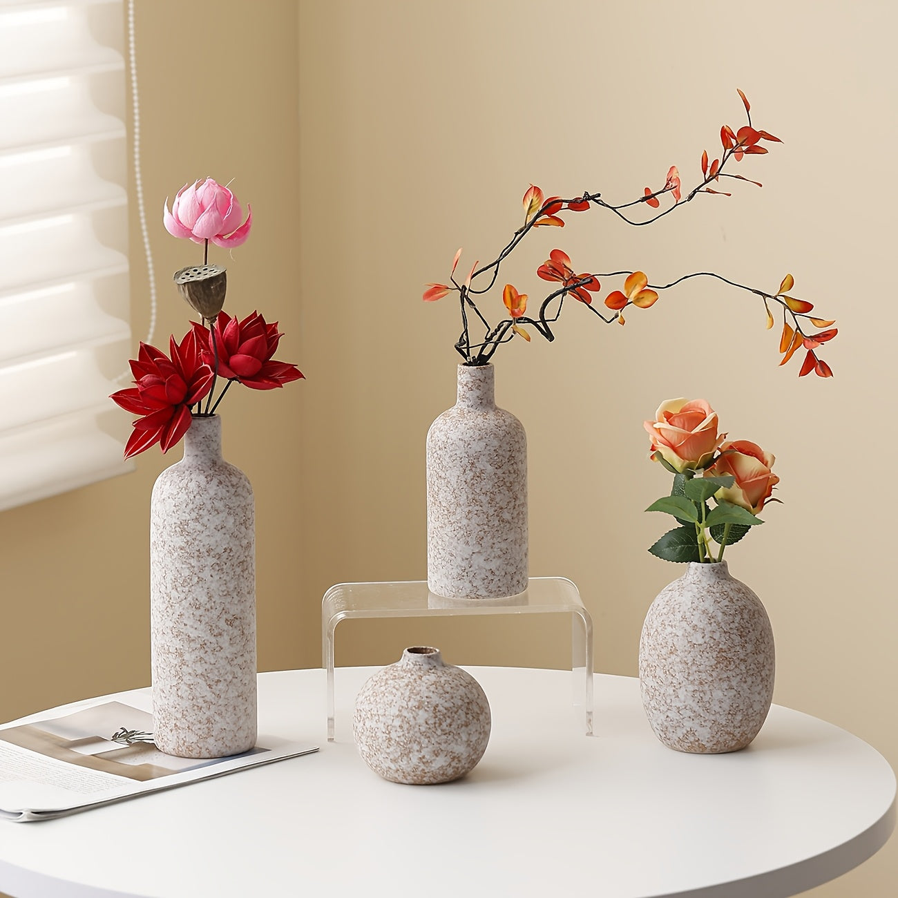 Elegant Vase Centerpiece 4pcs Modern Minimalist Ceramic Vase | Wabi-Sabi Style Neutral Tones, Cylindrical for Living Room, Dining Table, Entryway - Home Decor