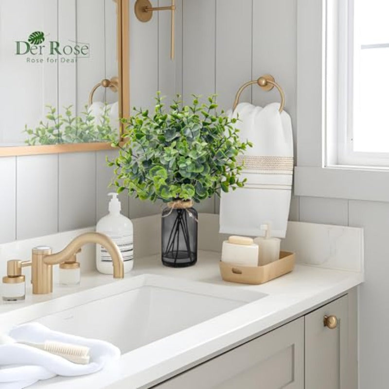 Der Rose Bundle of Set of 2 Sm Flower Vases and Pack Artificial Eucalyptus Stems in Black Glass Vase for Bathroom Home Wedding Dr