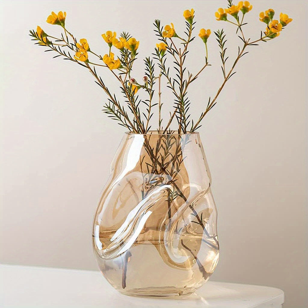 Glass Decorative Vase Modern Transparent Decorative Glass Vase - Irregular Shaped for Home Living Room and Office Desktop Decoration - Gift Vas