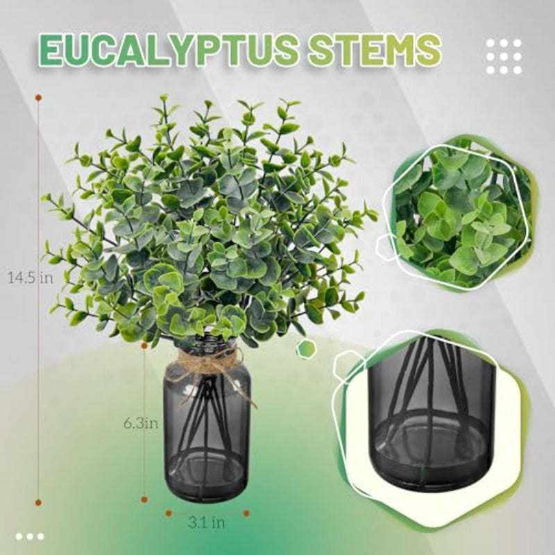 Der Rose Bundle of Set of 2 Sm Flower Vases and Pack Artificial Eucalyptus Stems in Black Glass Vase for Bathroom Home Wedding Dr