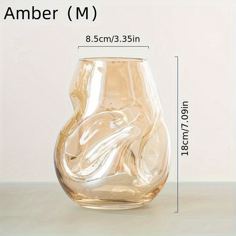 Glass Decorative Vase Modern Transparent Decorative Glass Vase - Irregular Shaped for Home Living Room and Office Desktop Decoration - Gift Vas