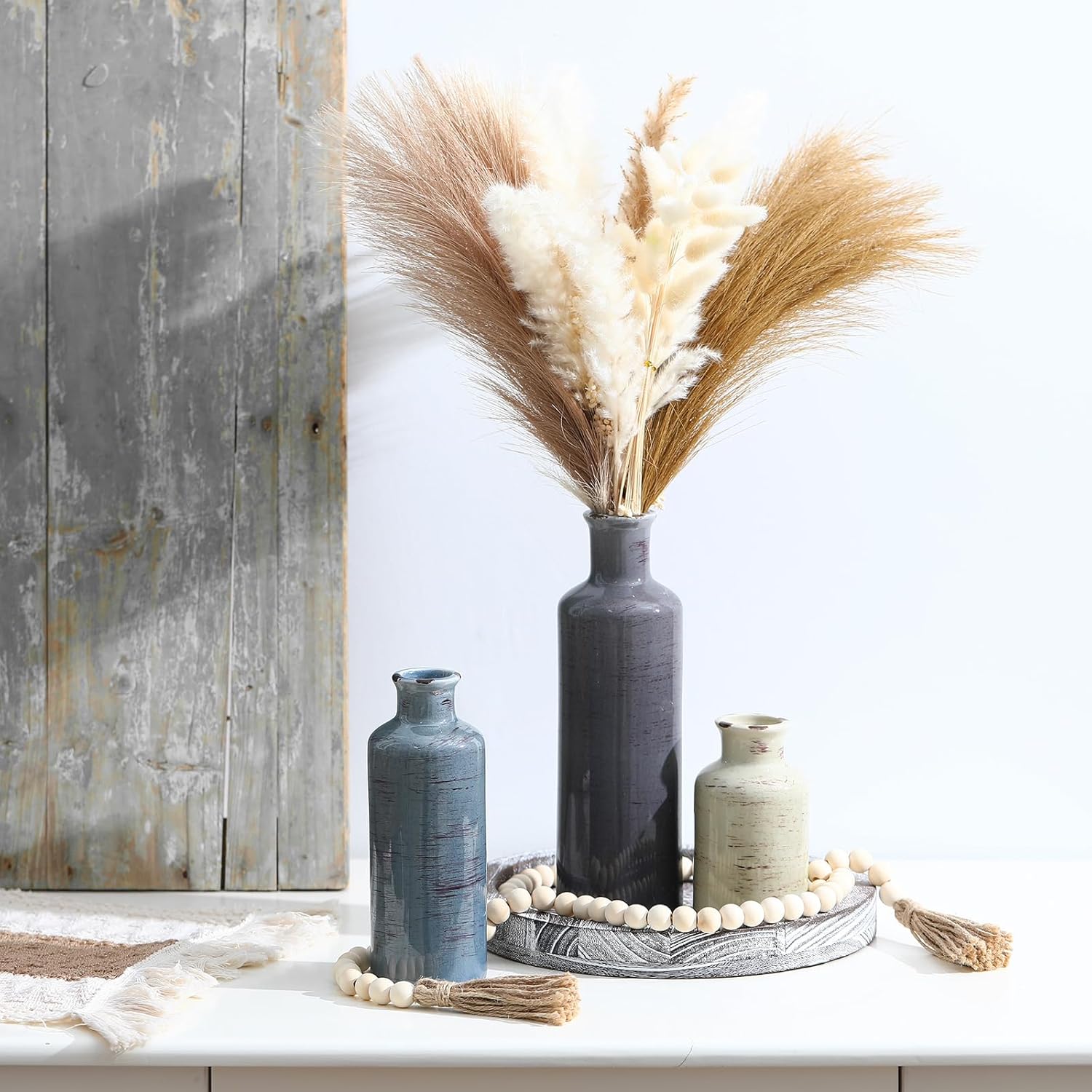 Set of Three Vases, Ceramic Neutral Color Home Decor Vases, Ceramic Rustic Farmhouse Style Decorative Vases for Dining Table Fireplace Entryway Bookshelf Living Room Kitchen Bedroom Modern Decor