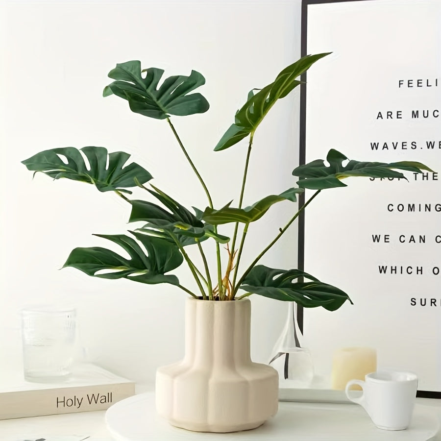 2 Premium Artificial Plastic Green Plants & Vase Set • Realistic Fake Plants for Home, Christmas, Wedding Decoration