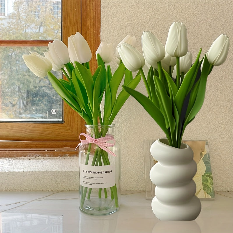 A Set of Home Decorations, 10pcs White Tulip Artificial Flowers + 1 Creative Small Vase, Desktop Ornaments, Fashionable Spiral White Vase - Nordic Style, Suitable for Home, Kitchen, Living Room, Bedroom Decoration Perfect Choice, Valentine'S Day