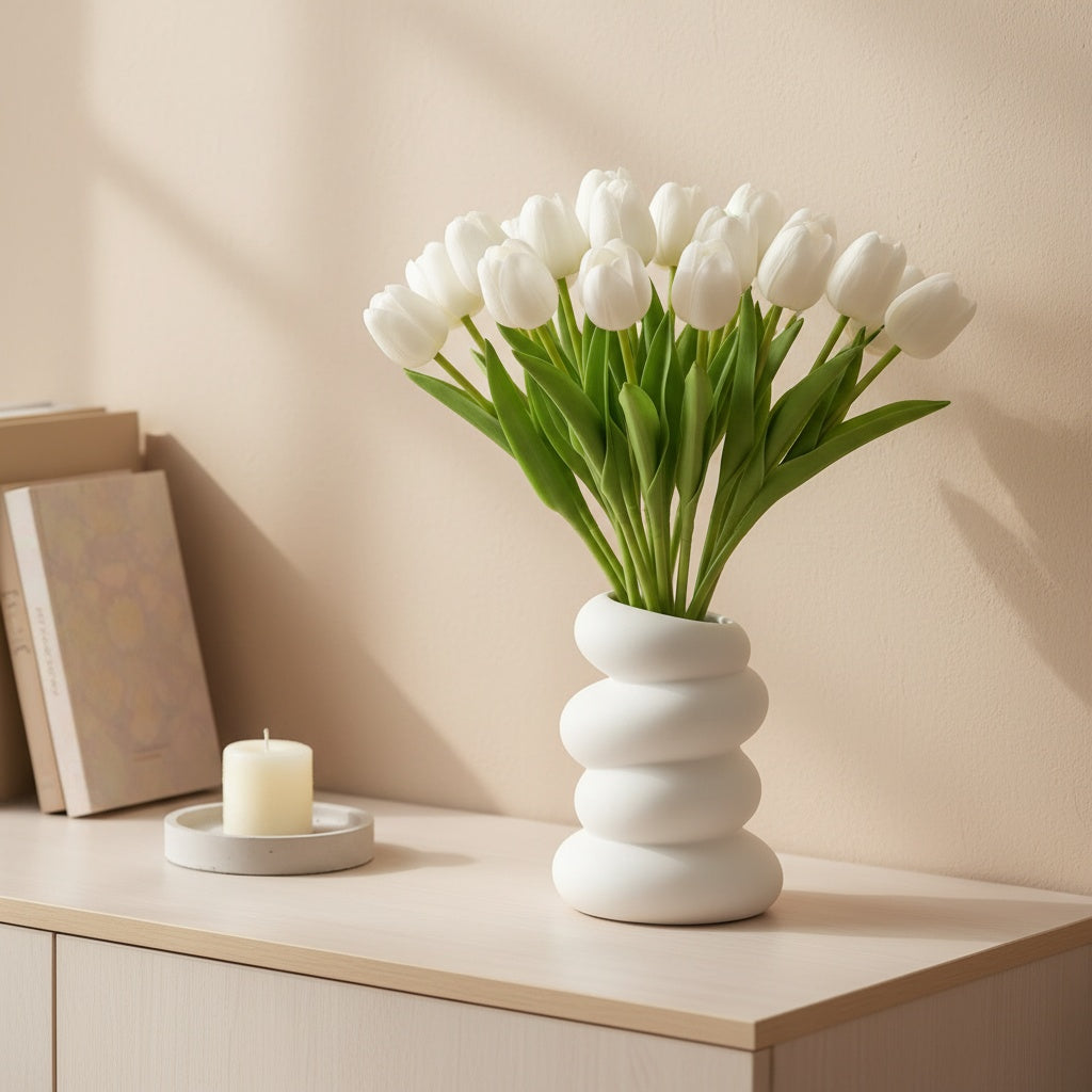 A Set of Home Decorations, 10pcs White Tulip Artificial Flowers + 1 Creative Small Vase, Desktop Ornaments, Fashionable Spiral White Vase - Nordic Style, Suitable for Home, Kitchen, Living Room, Bedroom Decoration Perfect Choice, Valentine'S Day