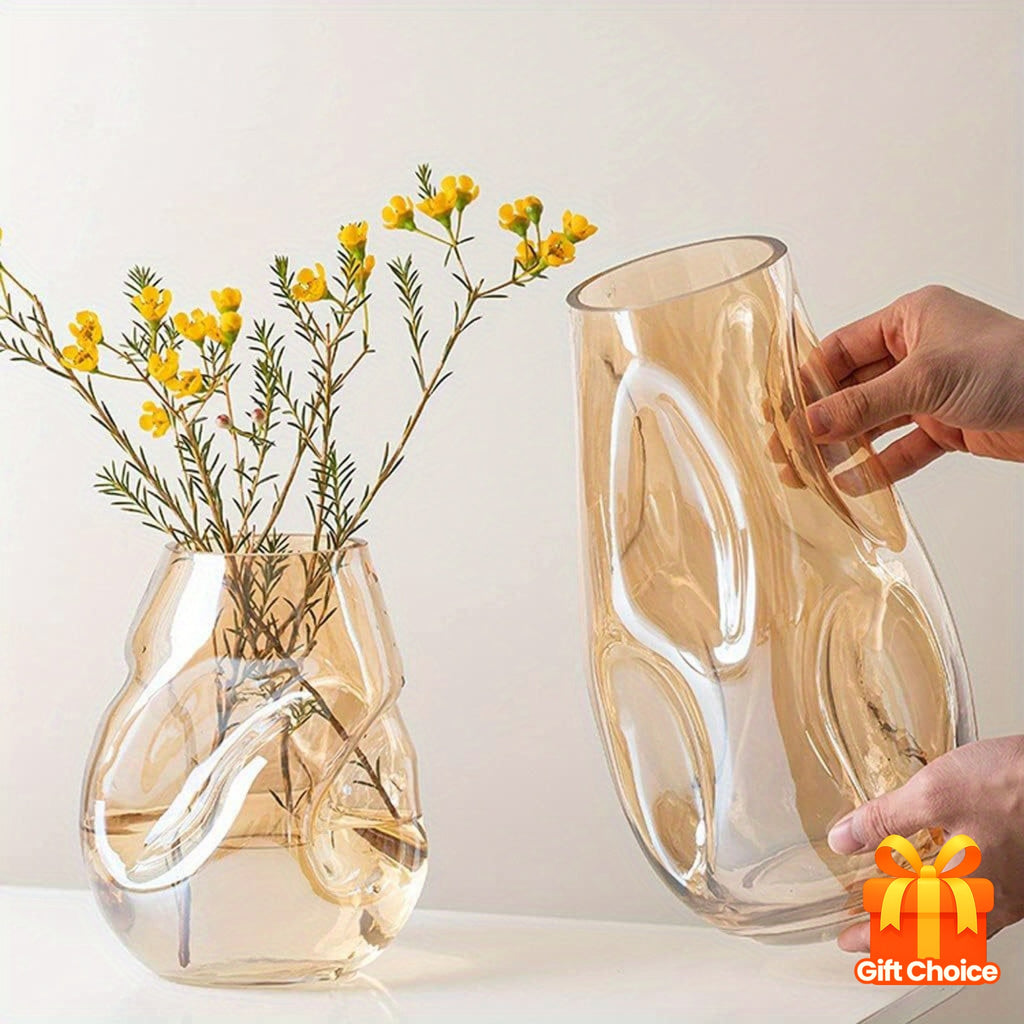 Glass Decorative Vase Modern Transparent Decorative Glass Vase - Irregular Shaped for Home Living Room and Office Desktop Decoration - Gift Vas
