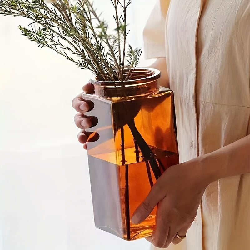 Large amber transparent square glass vase, flower raising vase, waking bucket, Dracaena sanderiana and green orchid vase