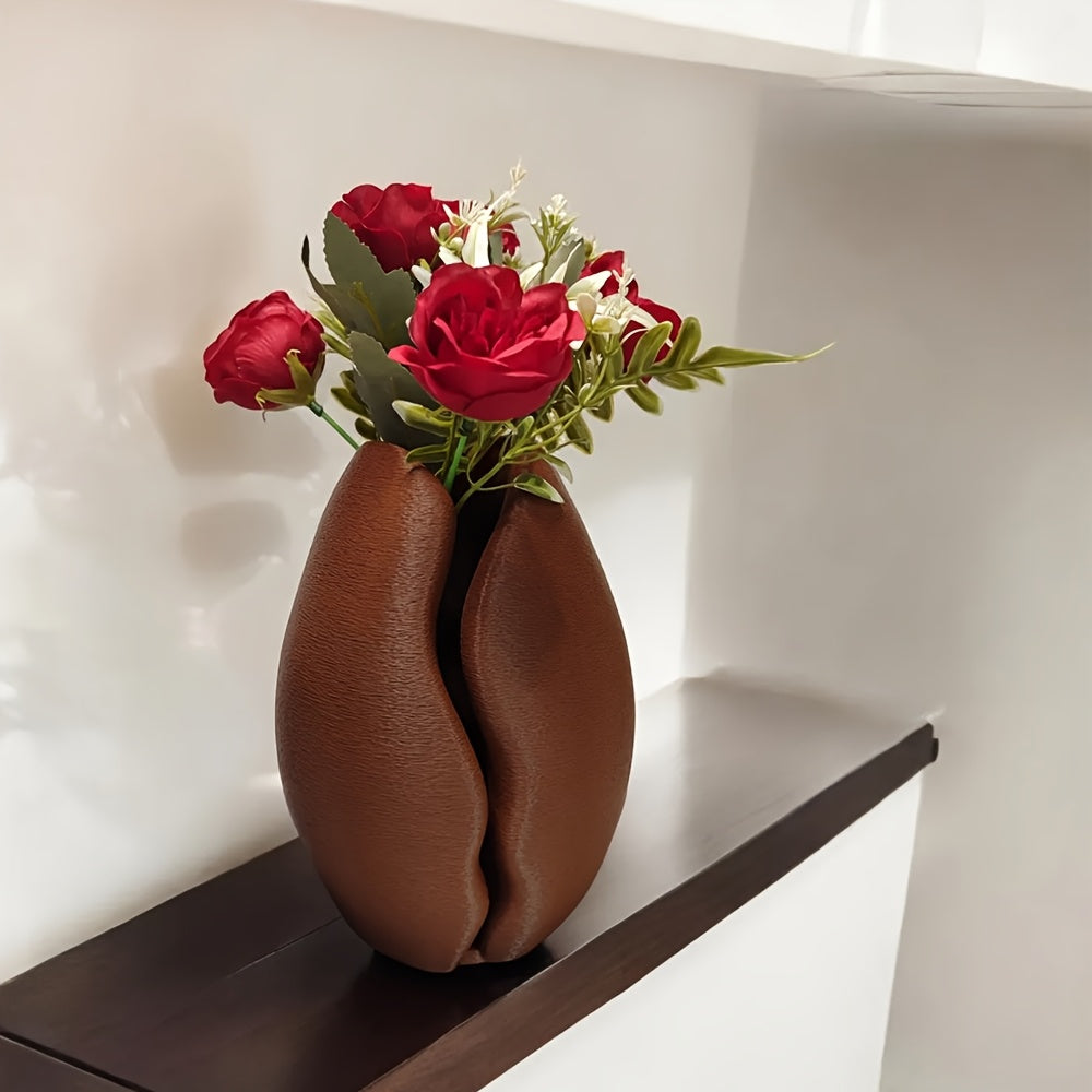 Coffee Bean Vase Coffee Bean Vase, a 3D Printed Plastic Brown Vase with a Coffee Bean Decoration, Suitable for Modern Home and Office Decor