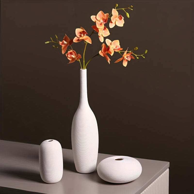3pcs Bohemian Ceramic Vase with Striped Bell\u002FShelf Vase - Minimalist Vertical Stripes, Decorative Flower Holder Suitable for Living Room, Desk, Shelf Decor - Scandinavian Modern Decorative Vases