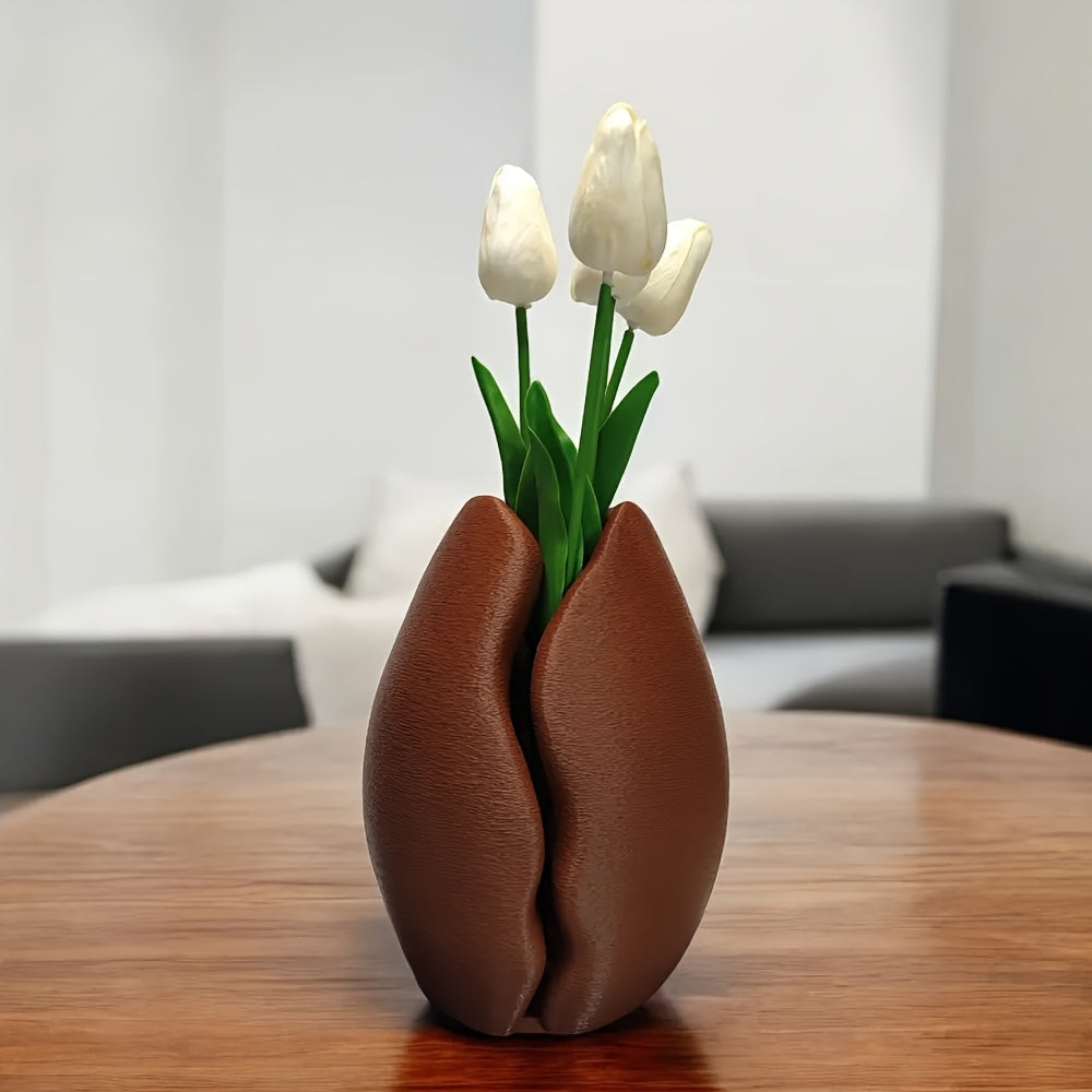 Coffee Bean Vase Coffee Bean Vase, a 3D Printed Plastic Brown Vase with a Coffee Bean Decoration, Suitable for Modern Home and Office Decor
