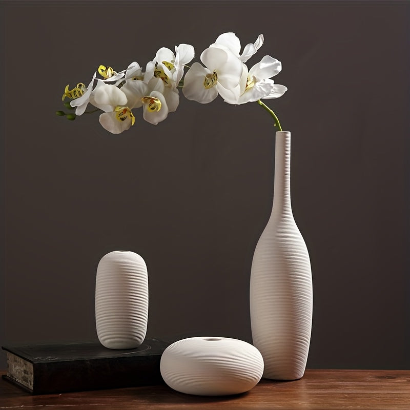 3pcs Bohemian Ceramic Vase with Striped Bell\u002FShelf Vase - Minimalist Vertical Stripes, Decorative Flower Holder Suitable for Living Room, Desk, Shelf Decor - Scandinavian Modern Decorative Vases