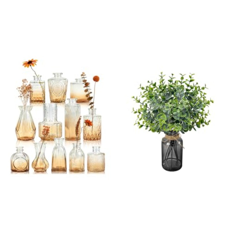 Der Rose Bundle of Set of 2 Sm Flower Vases and Pack Artificial Eucalyptus Stems in Black Glass Vase for Bathroom Home Wedding Dr