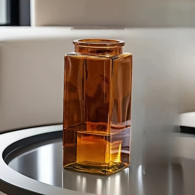 Large amber transparent square glass vase, flower raising vase, waking bucket, Dracaena sanderiana and green orchid vase