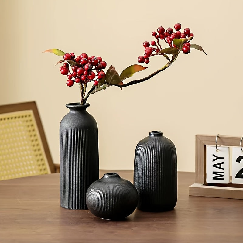 3pcs Nordic Creative Striped Ceramic Vase Set, High-End Home Living Room Dried Flower Arrangement Decorative Ornament, 3 Different Shaped Hydroponic Flower Vases, Holiday Gift, Wedding Decoration