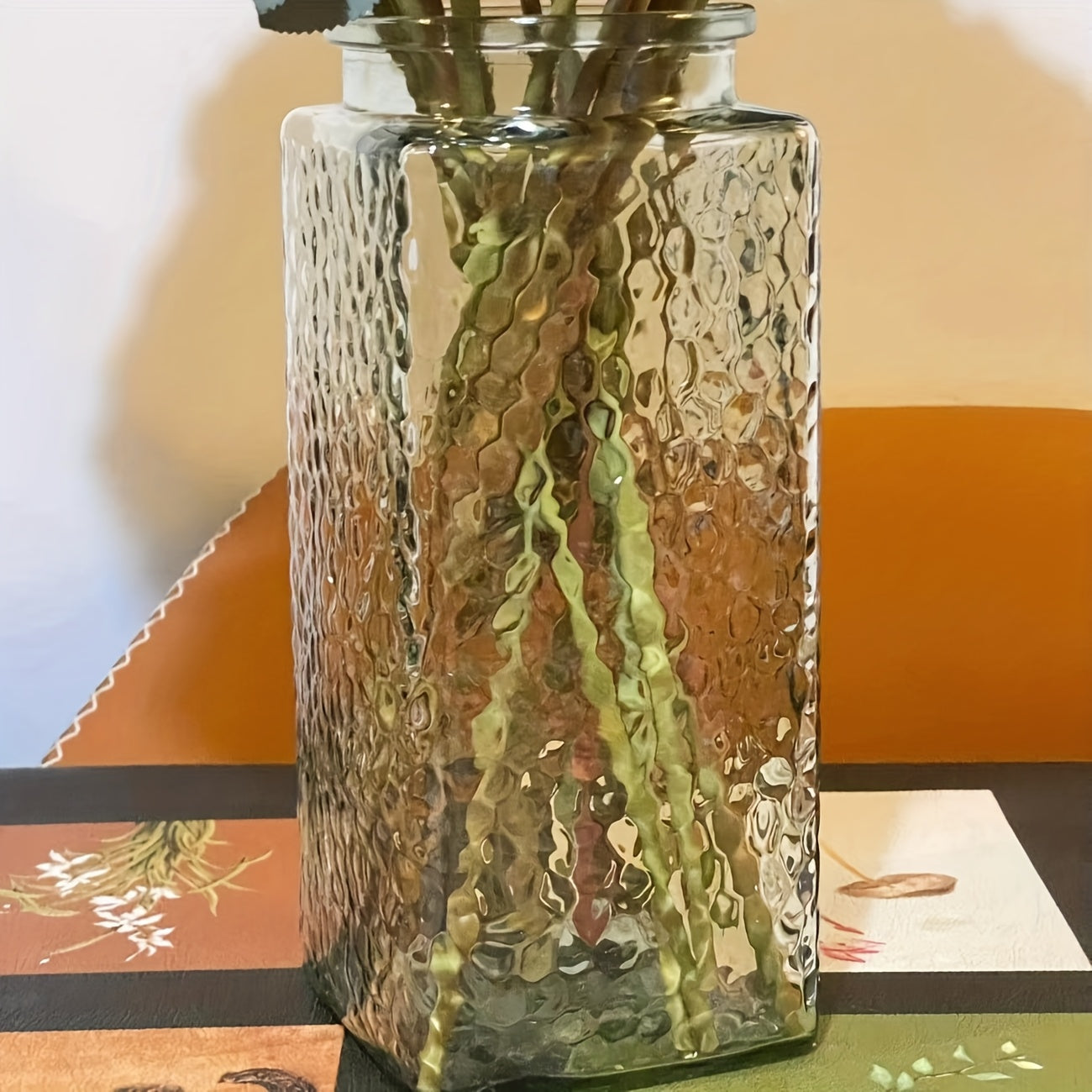 Large amber transparent square glass vase, flower raising vase, waking bucket, Dracaena sanderiana and green orchid vase