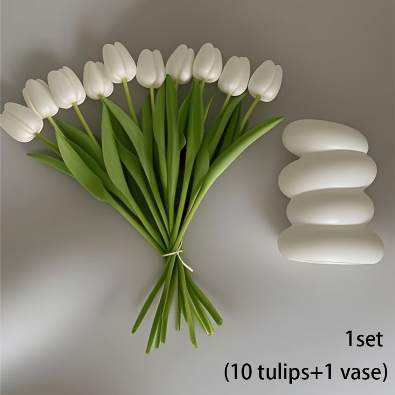 A Set of Home Decorations, 10pcs White Tulip Artificial Flowers + 1 Creative Small Vase, Desktop Ornaments, Fashionable Spiral White Vase - Nordic Style, Suitable for Home, Kitchen, Living Room, Bedroom Decoration Perfect Choice, Valentine'S Day